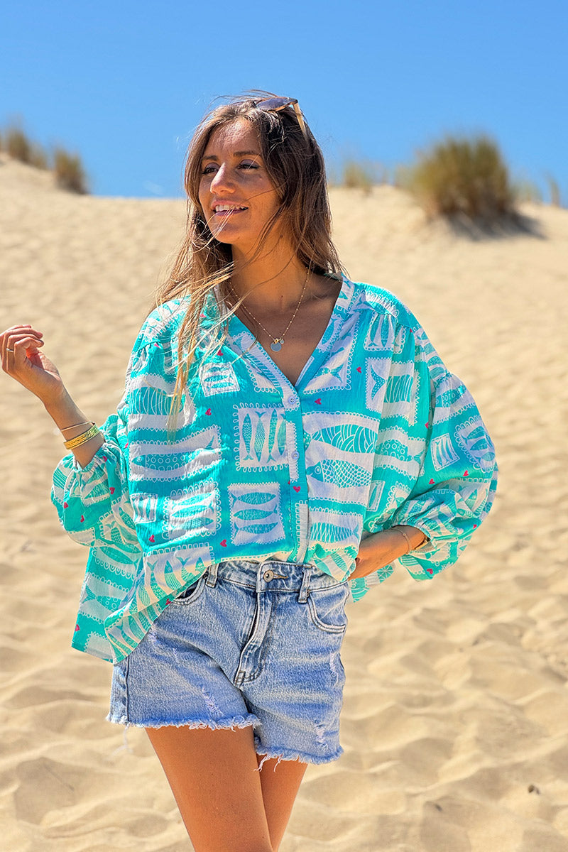 Turquoise Fish Traditional Print Button-Down Blouse