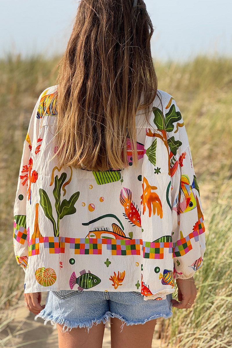 Blouse fluide à boutons imprimé poissons tropicaux colorés