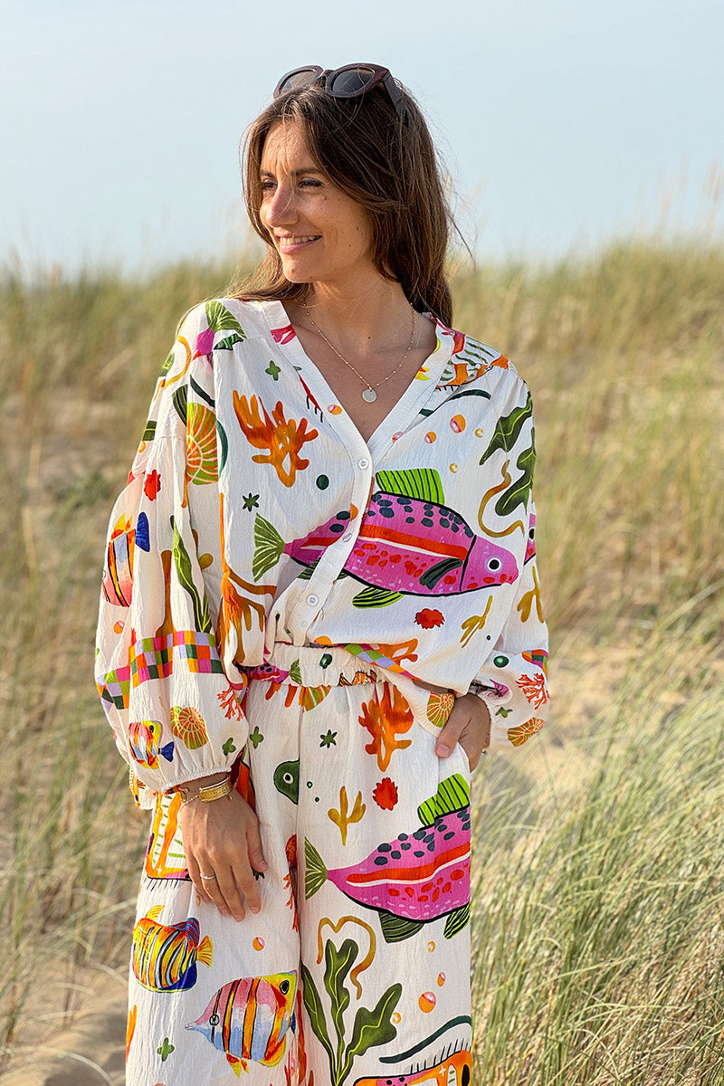 Blouse fluide à boutons imprimé poissons tropicaux colorés