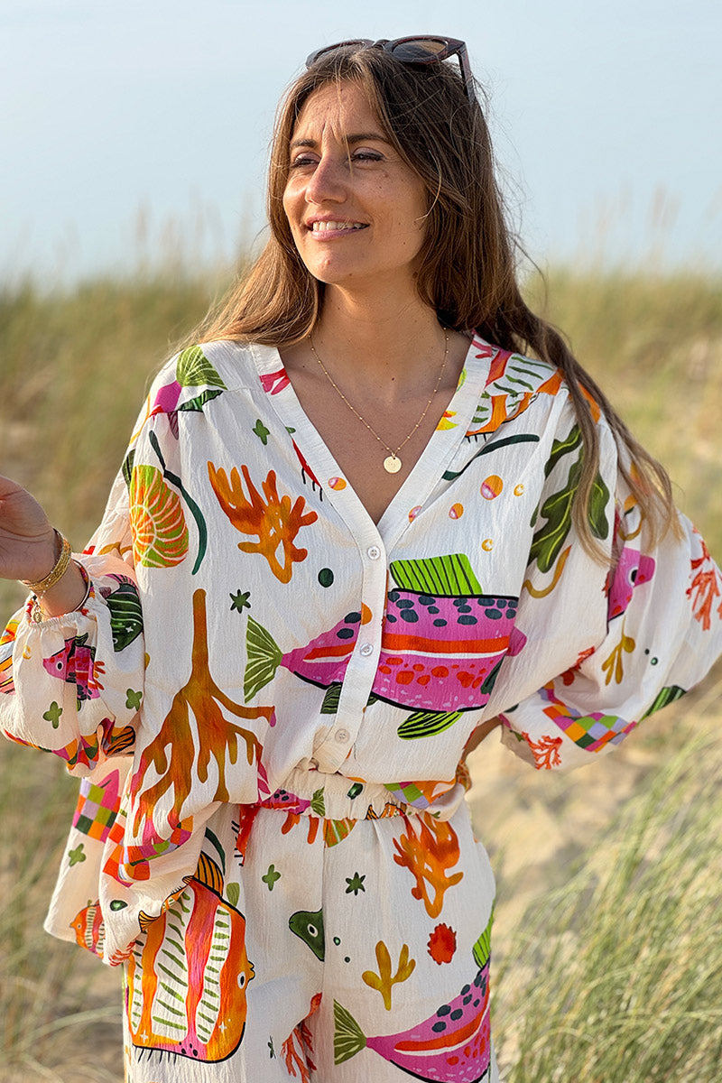 Blouse fluide à boutons imprimé poissons tropicaux colorés