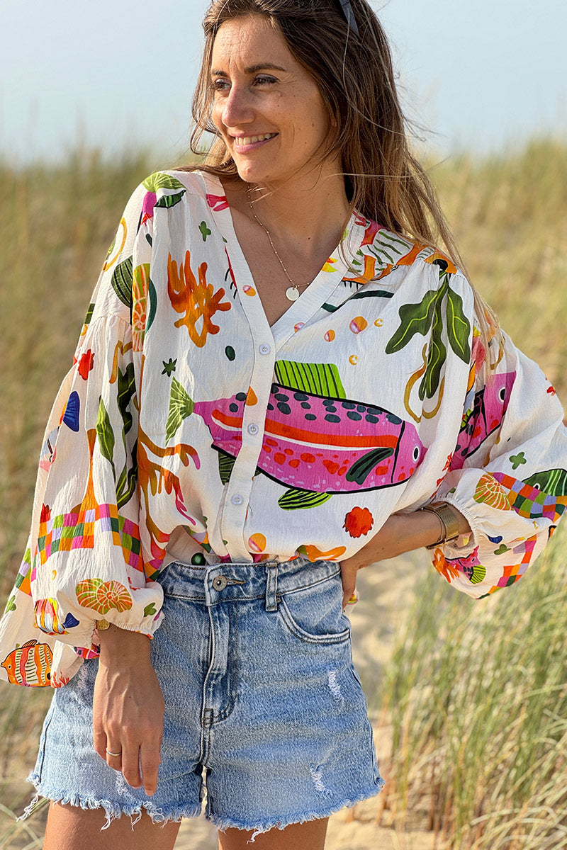 Blouse fluide à boutons imprimé poissons tropicaux colorés