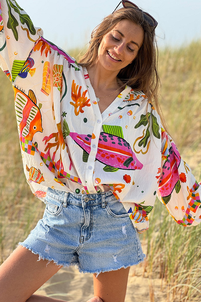 Blouse fluide à boutons imprimé poissons tropicaux colorés