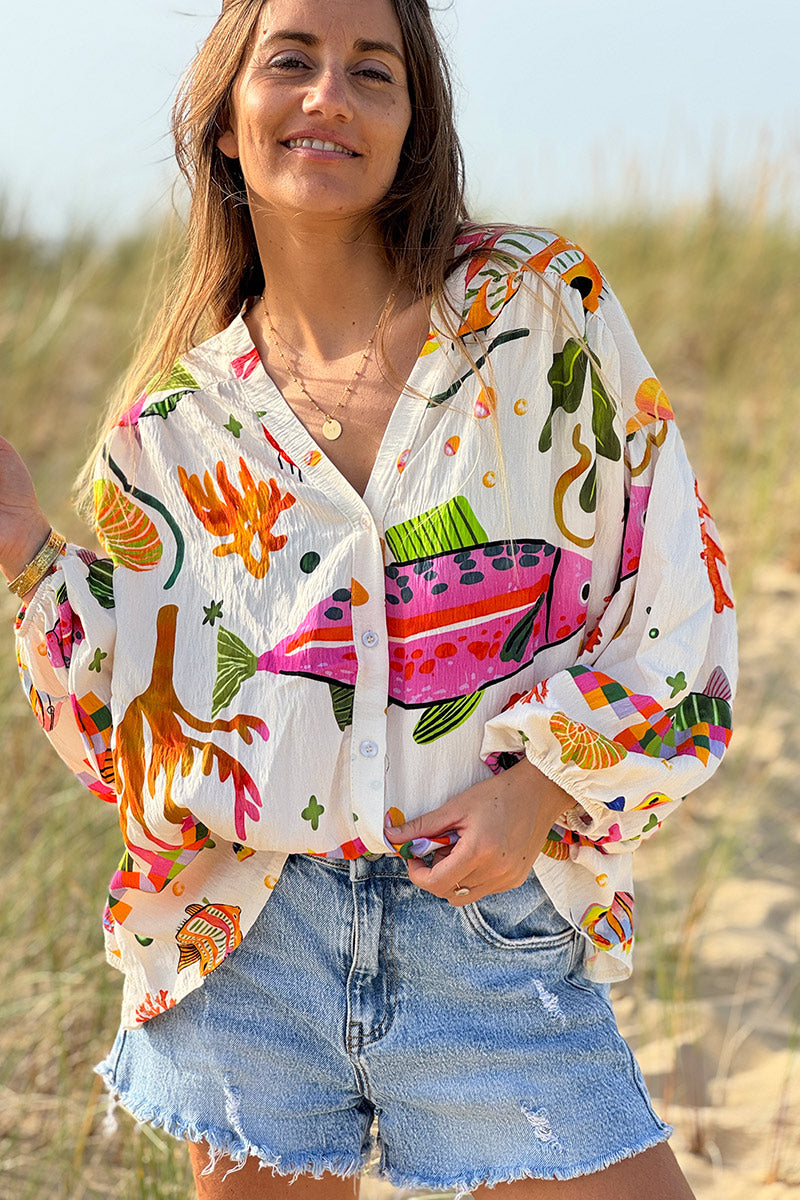 Blouse fluide à boutons imprimé poissons tropicaux colorés