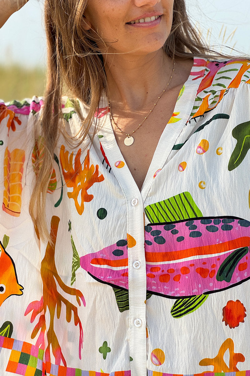 Blouse fluide à boutons imprimé poissons tropicaux colorés