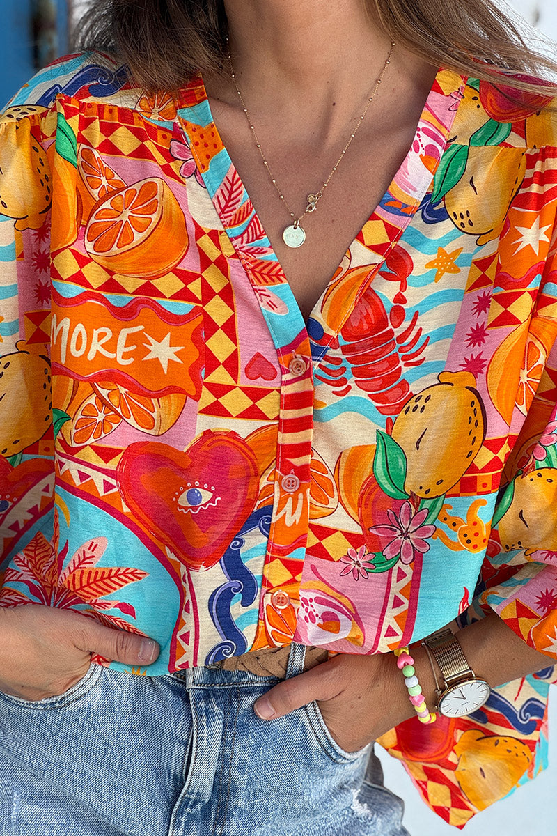 Orange Citrus Splash Tropical Print Blouse