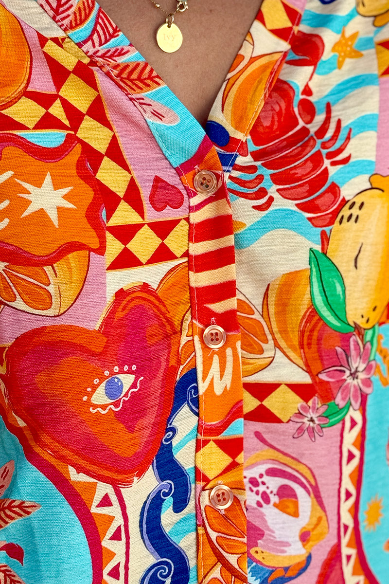 Orange Citrus Splash Tropical Print Blouse
