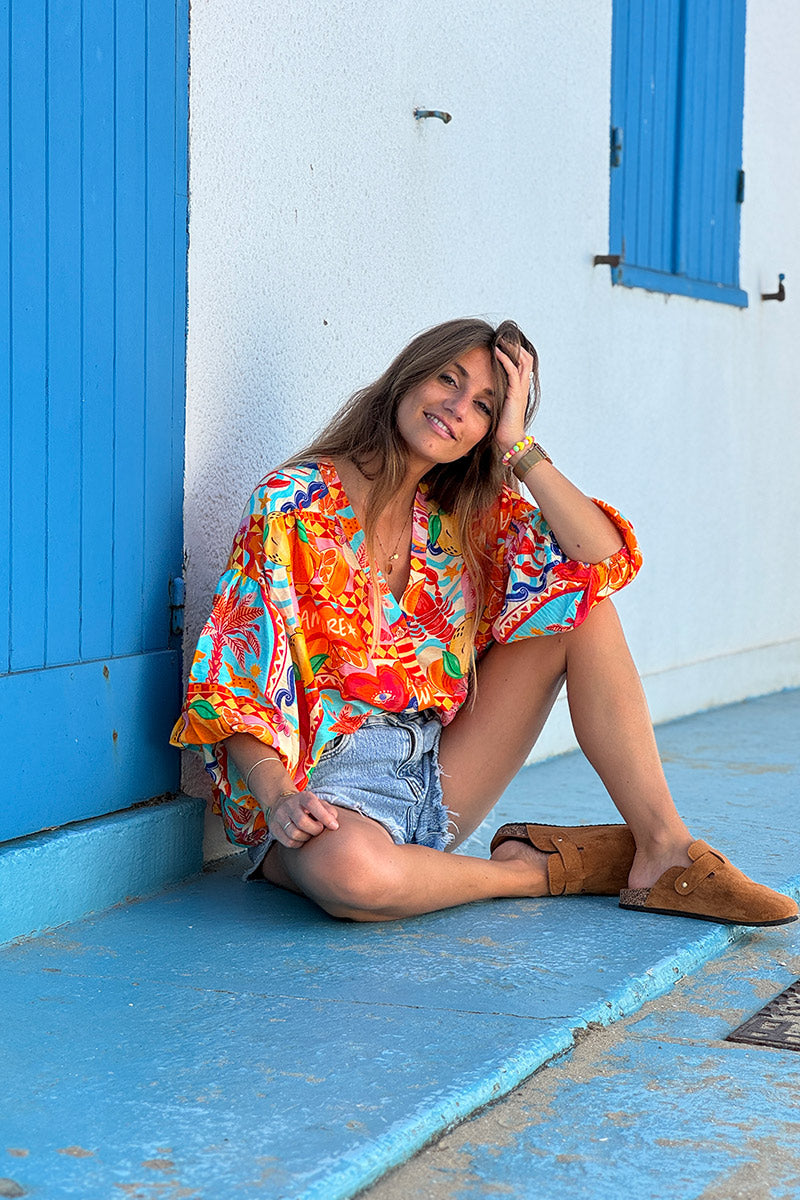 Orange Citrus Splash Tropical Print Blouse