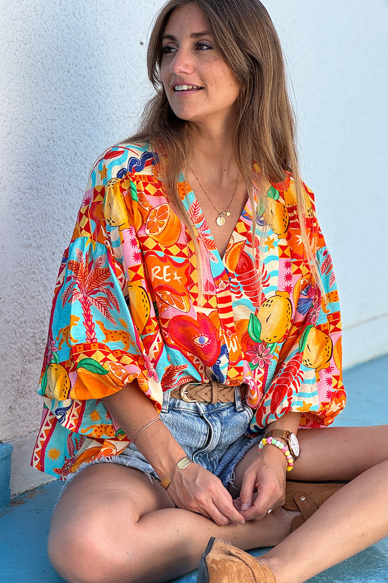 Orange Citrus Splash Tropical Print Blouse