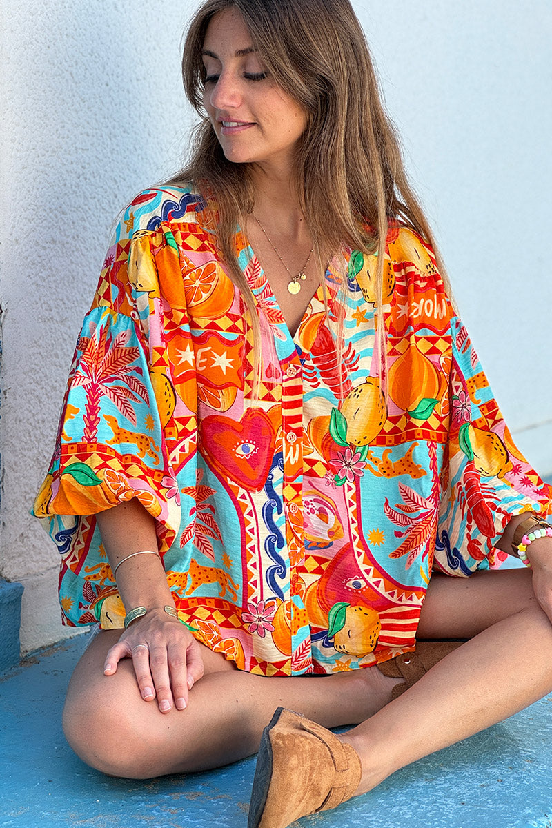 Orange Citrus Splash Tropical Print Blouse