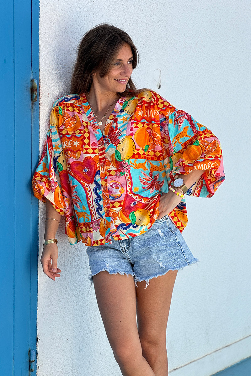 Orange Citrus Splash Tropical Print Blouse