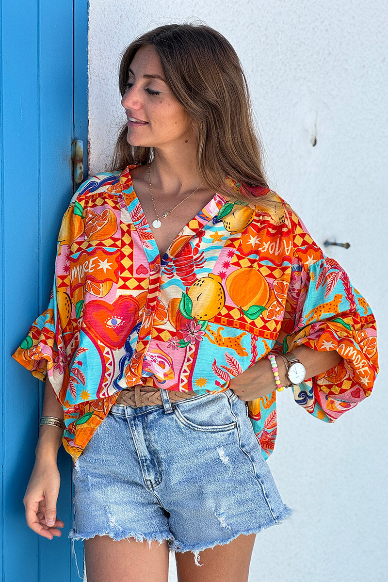 Orange Citrus Splash Tropical Print Blouse