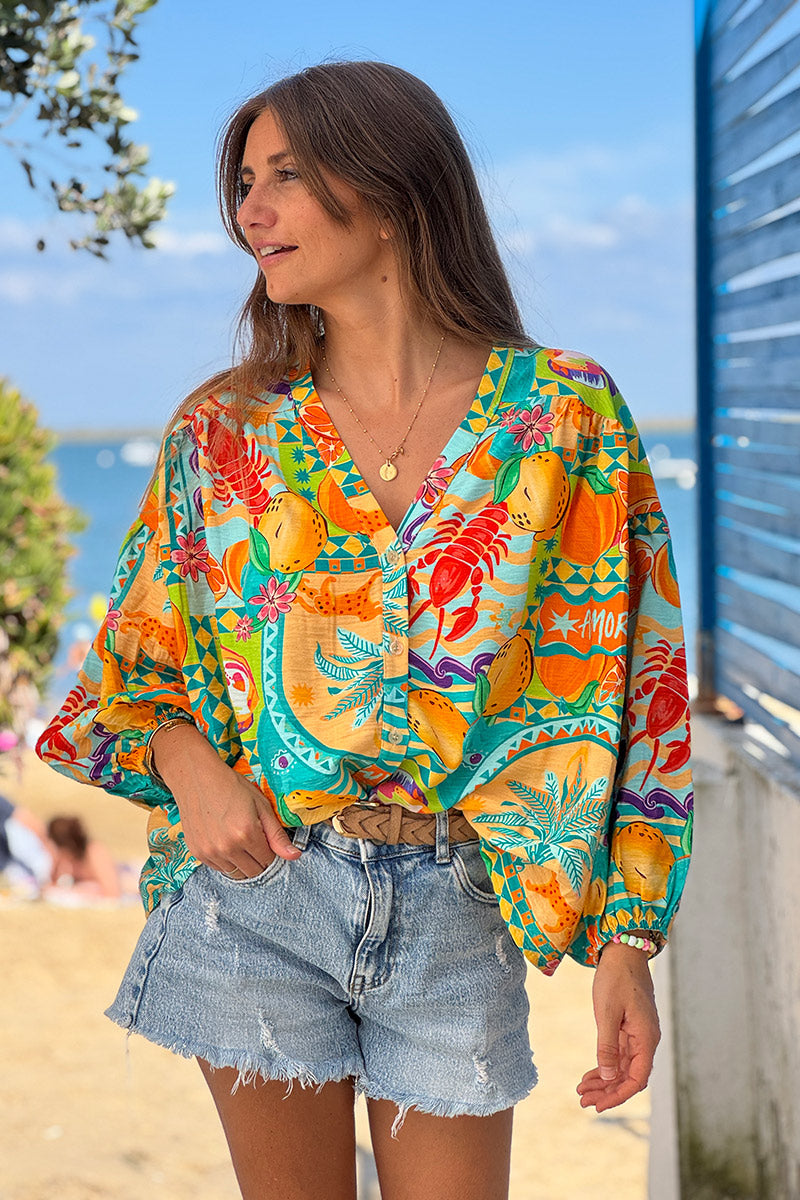 Turquoise Citrus Splash Tropical Print Blouse
