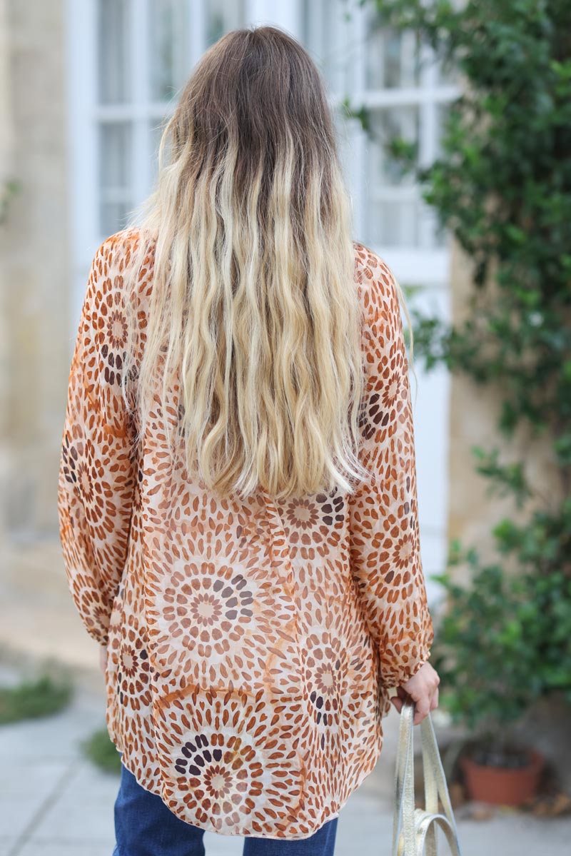 Blouse fluide en soie imprime rosaces camel g309 (1)