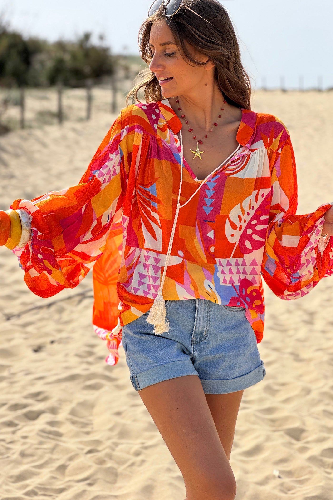 Orange Tropicalia Ruffled Modern Art Blouse