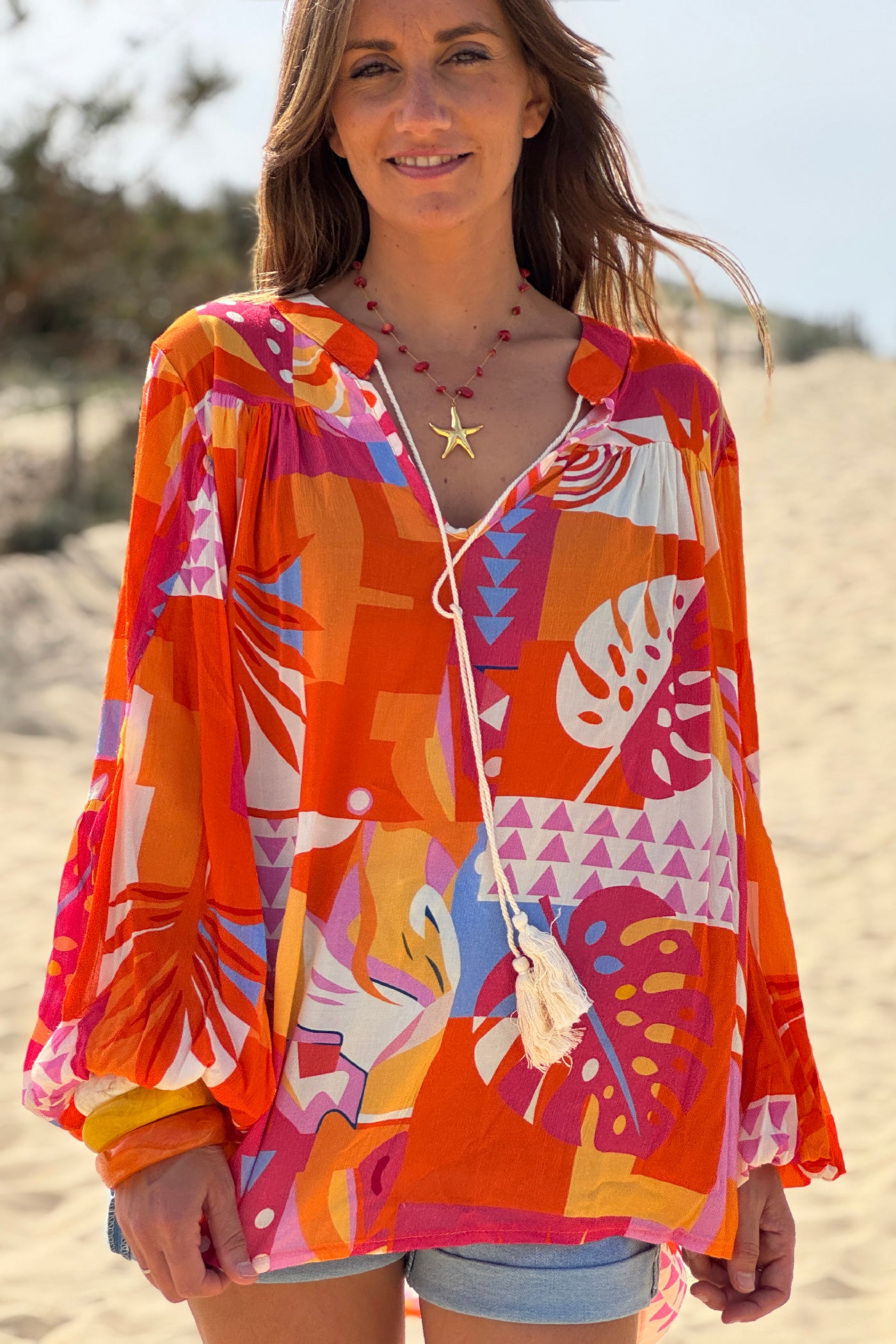 Orange Tropicalia Ruffled Modern Art Blouse