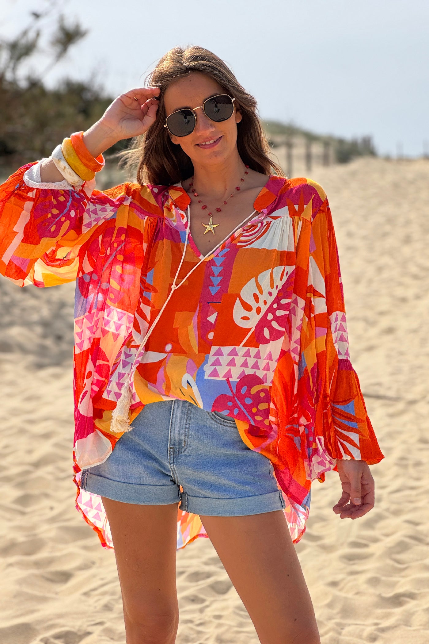 Orange Tropicalia Ruffled Modern Art Blouse