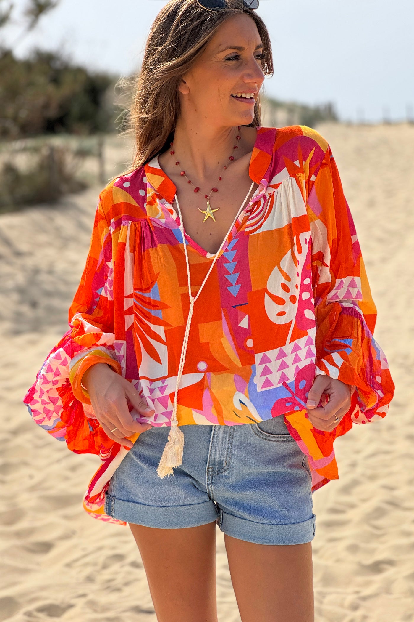Orange Tropicalia Ruffled Modern Art Blouse
