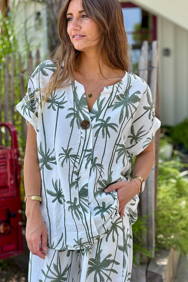 Blouse fluide imprimé palmiers kaki faux boutons