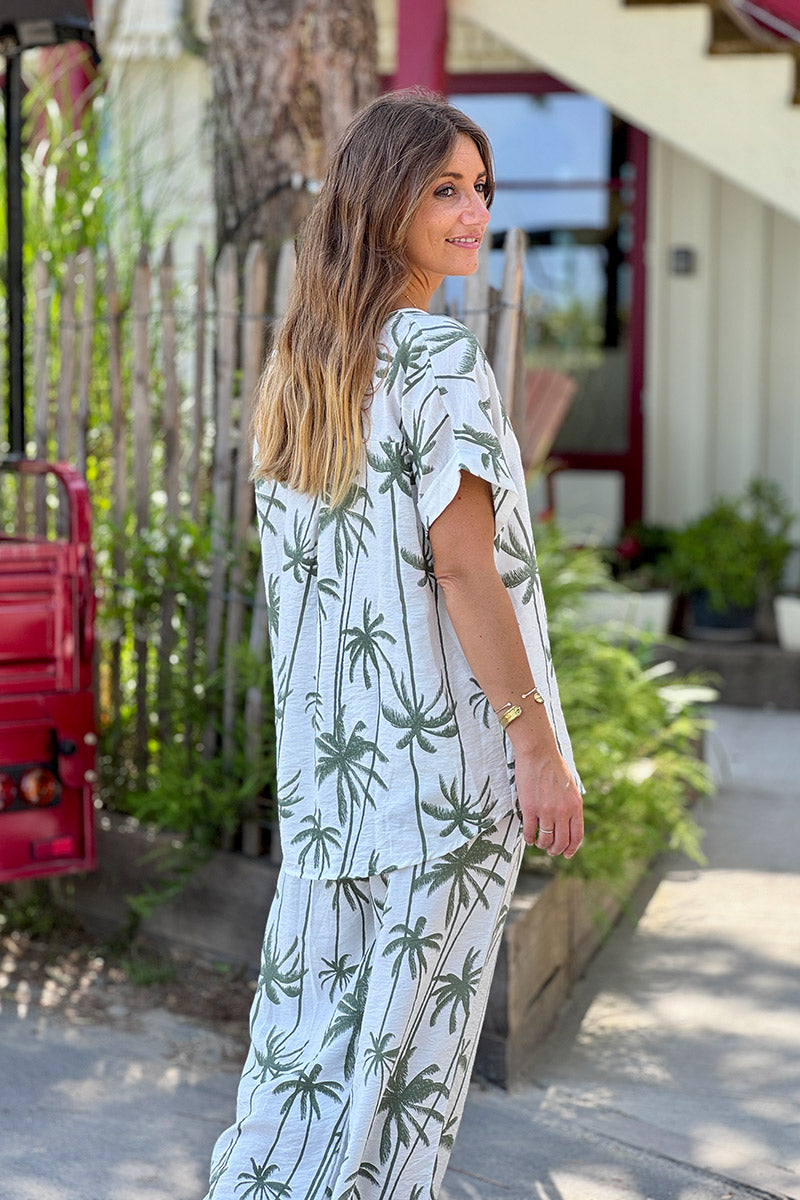 Blouse fluide imprimé palmiers kaki faux boutons