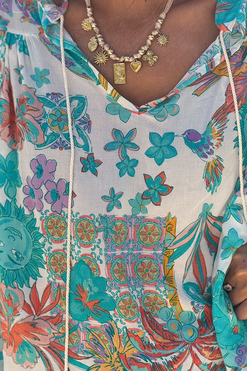 Turquoise Fruits of Summer Boho Blouse