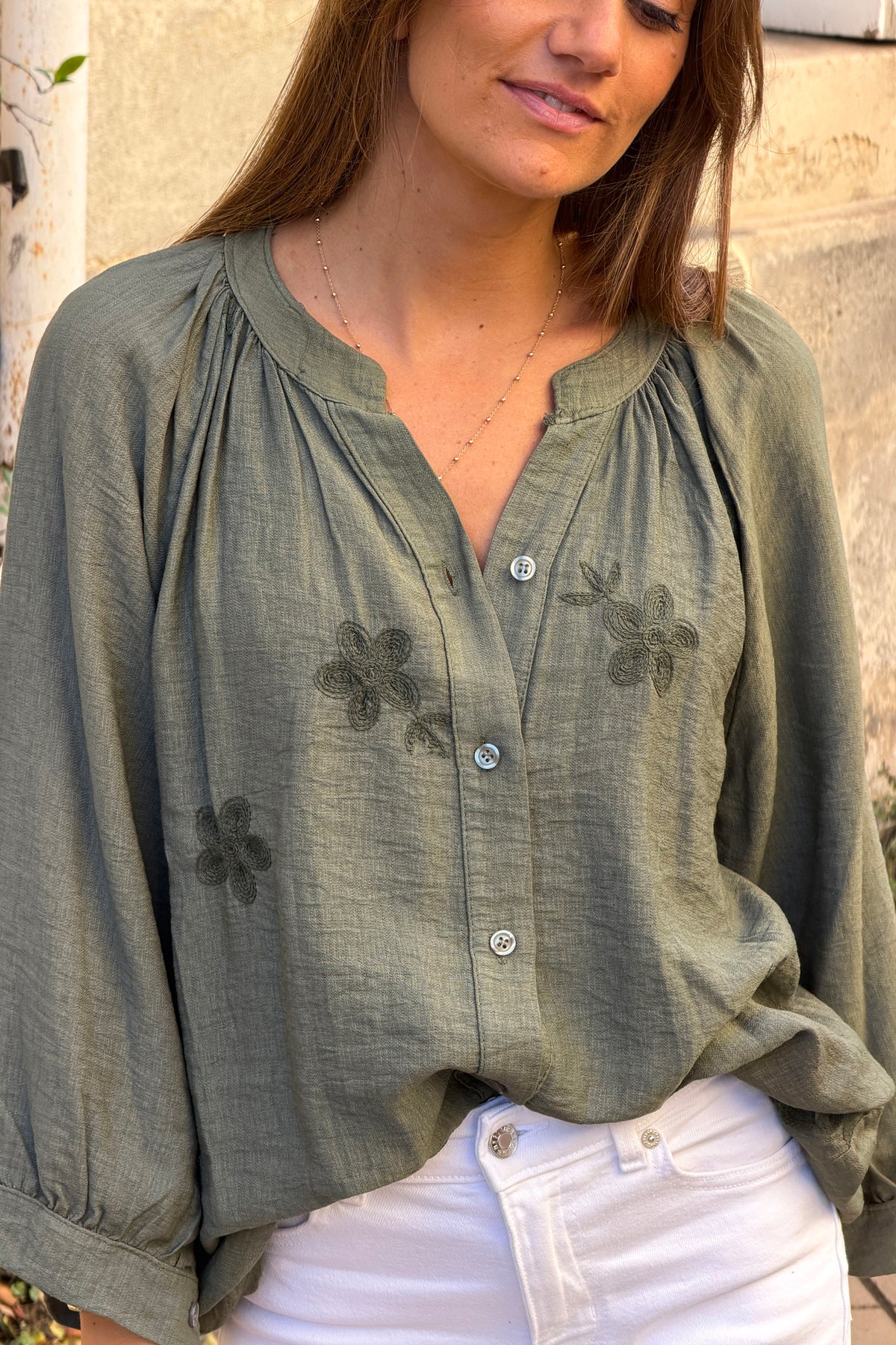 Olive Shantung Floral Applique Blouse