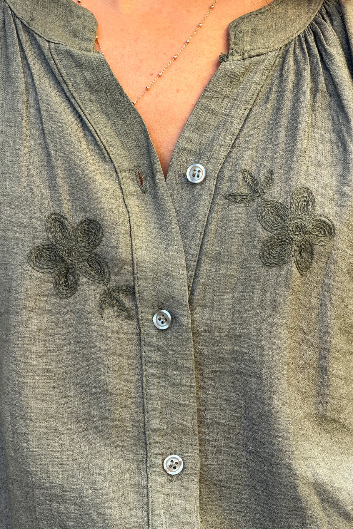Olive Shantung Floral Applique Blouse