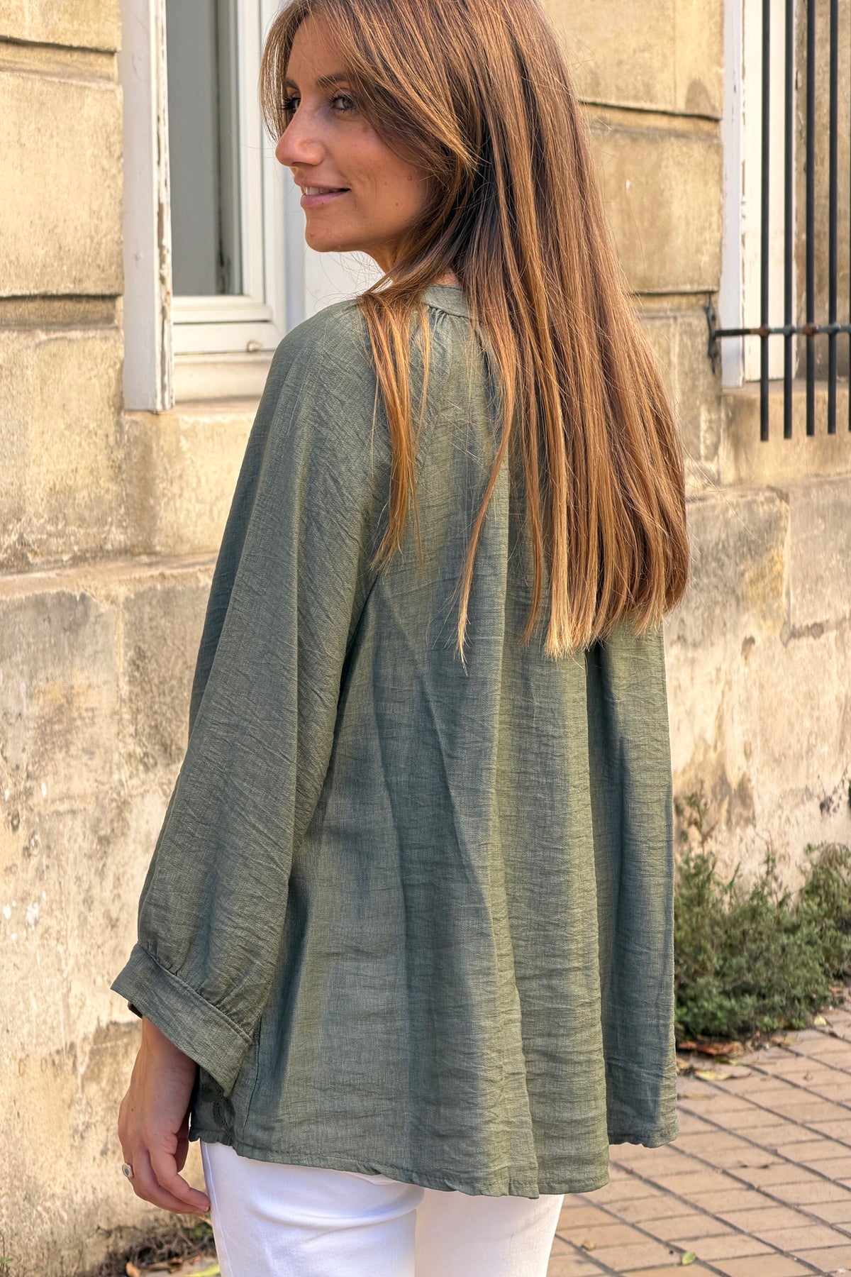Olive Shantung Floral Applique Blouse