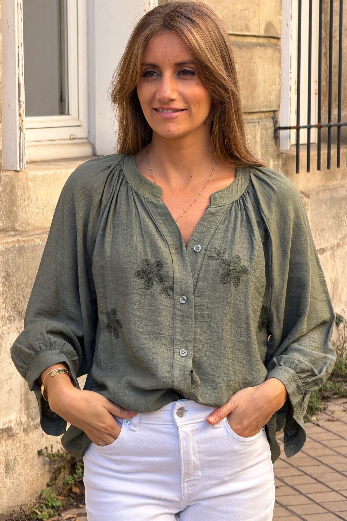 Olive Shantung Floral Applique Blouse