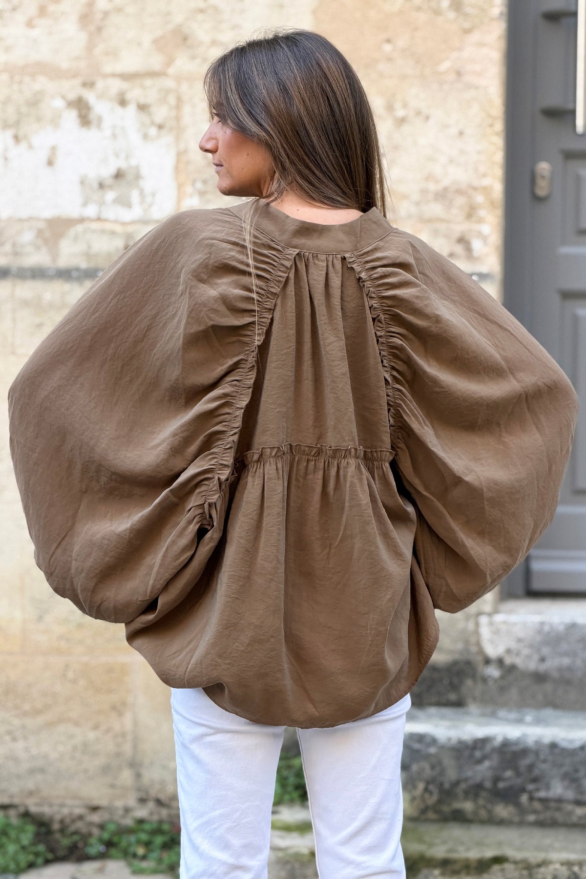 Mocha Brown Fairytale Pleated Blouson Top
