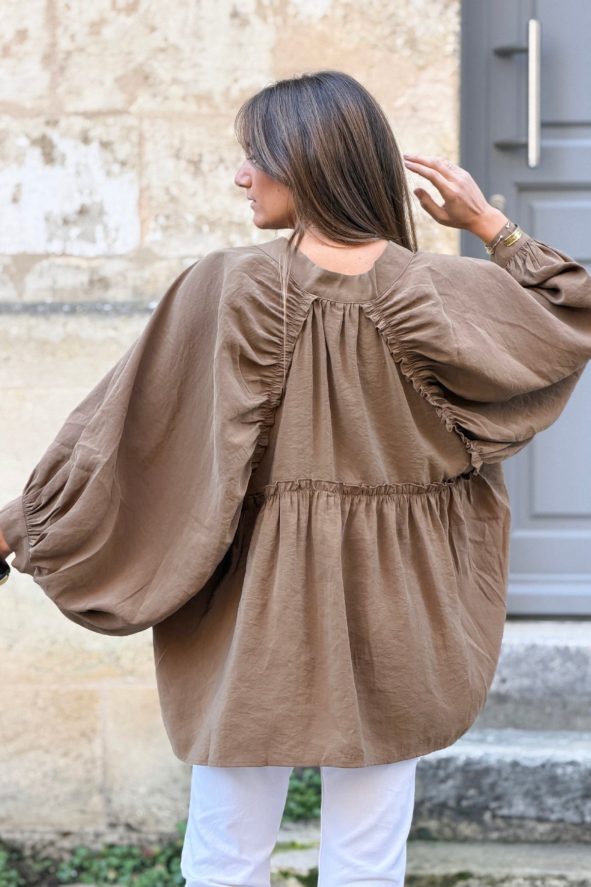 Mocha Brown Fairytale Pleated Blouson Top