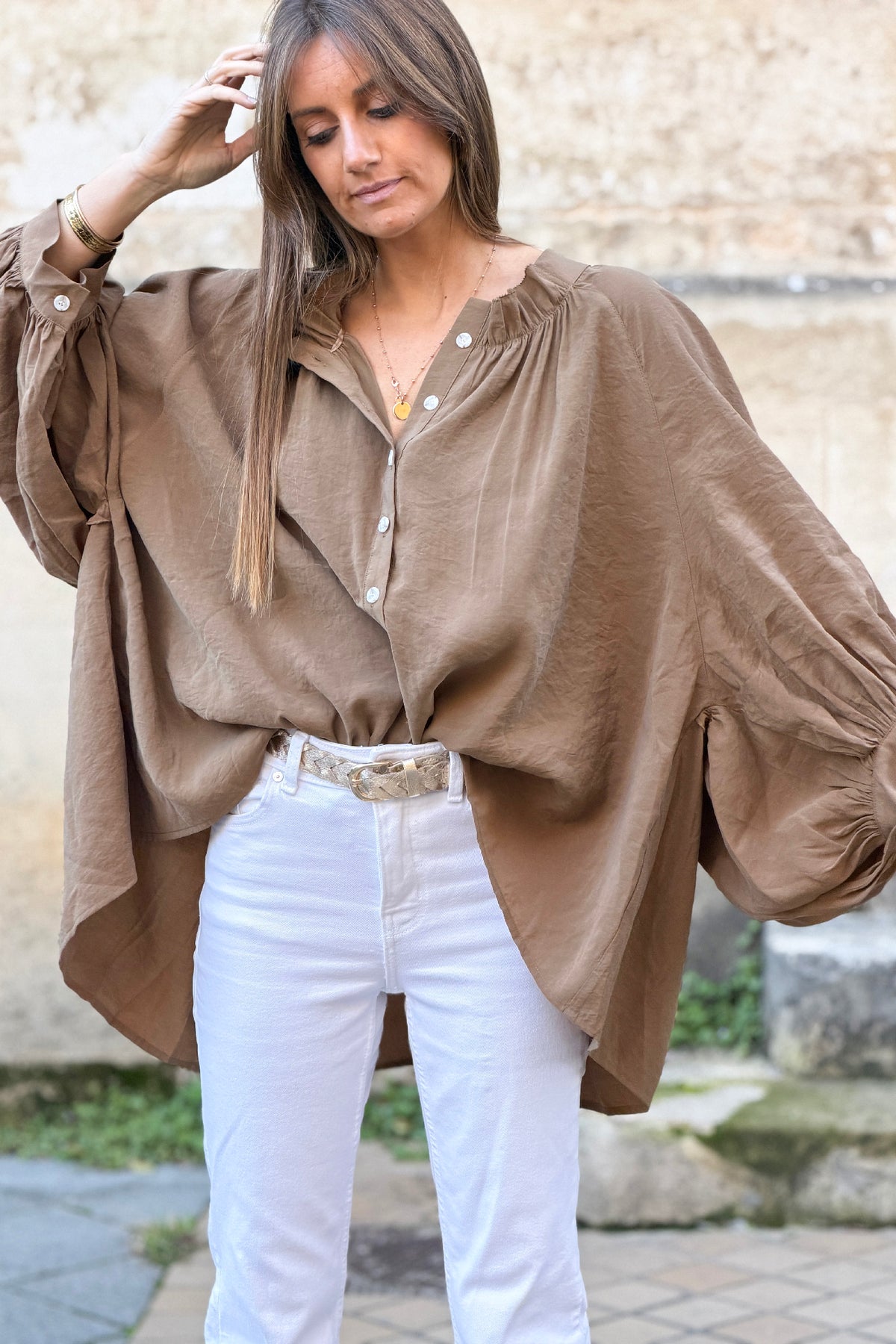 Mocha Brown Fairytale Pleated Blouson Top
