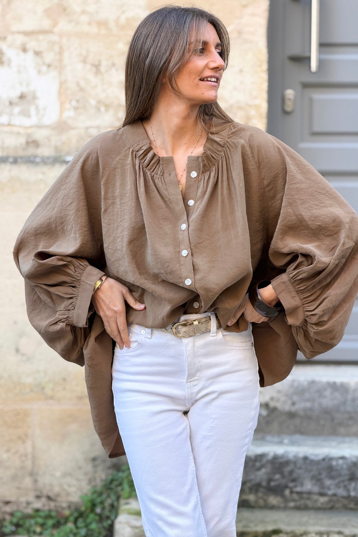 Mocha Brown Fairytale Pleated Blouson Top