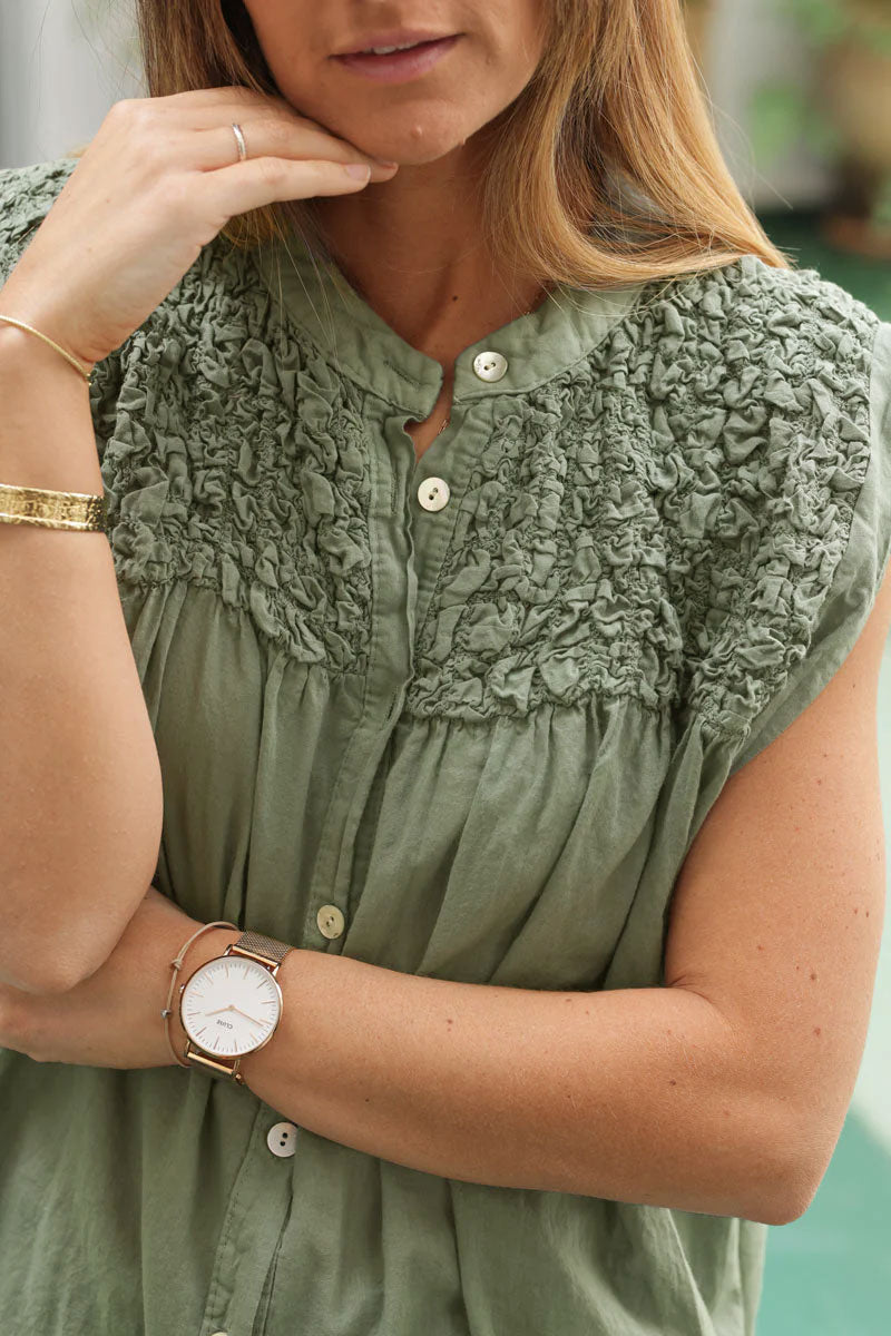 Khaki floaty cotton sleeveless blouse with mother of pearl buttons