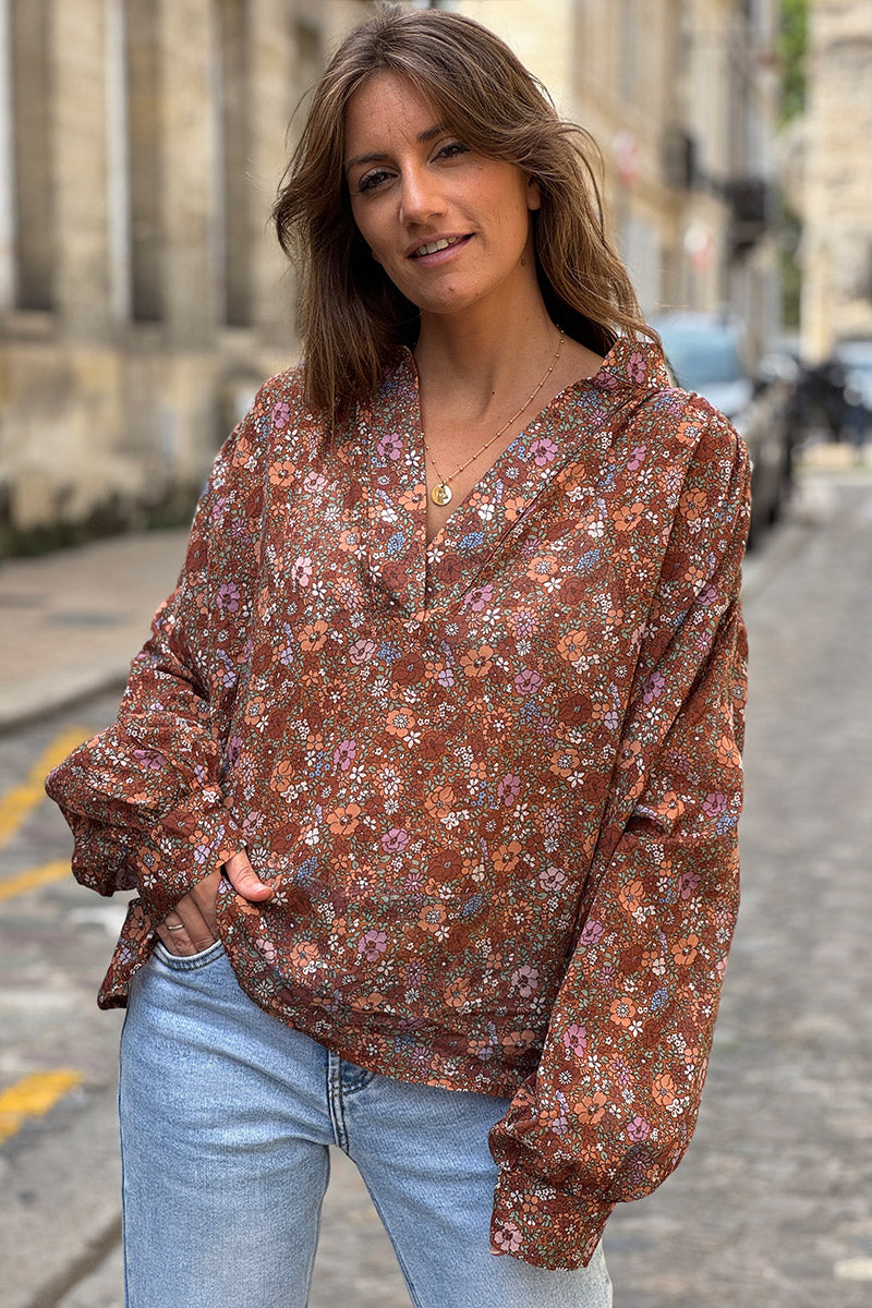 Rust Vintage Floral Cotton Blouse