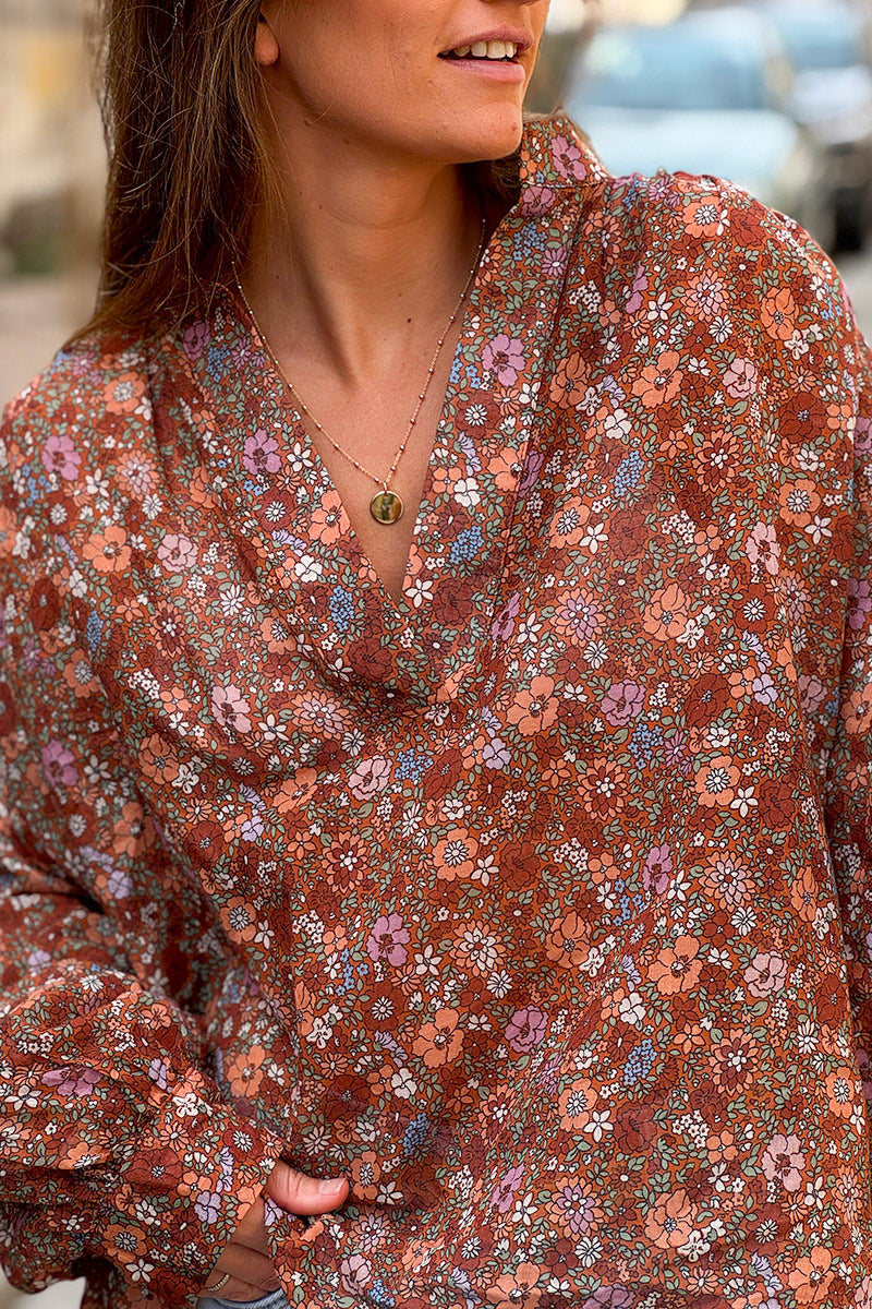 Rust Vintage Floral Cotton Blouse
