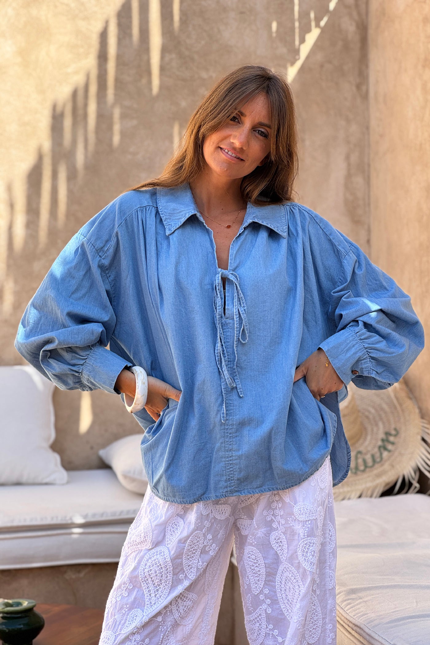 Chambray Blouson Sleeve Peasant Blouse