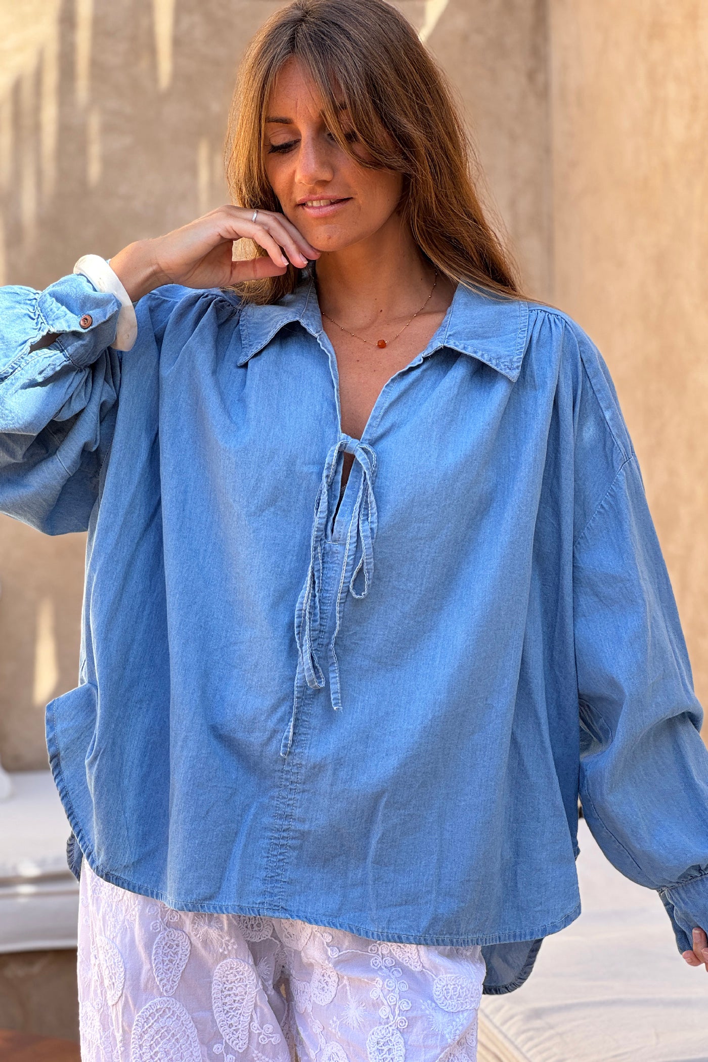 Chambray Blouson Sleeve Peasant Blouse
