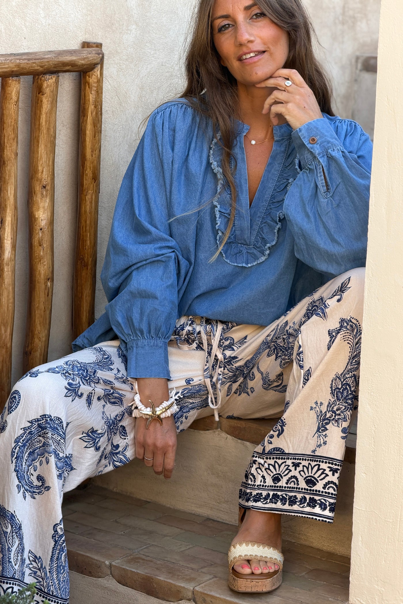 Chambray Romantic Ruffles Denim Peasant Blouse