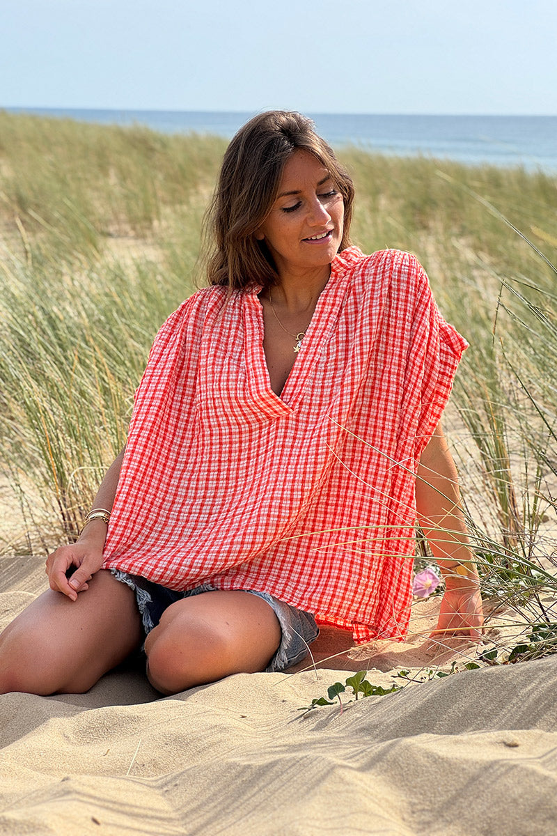 Coral Gingham V-Neck Blouse