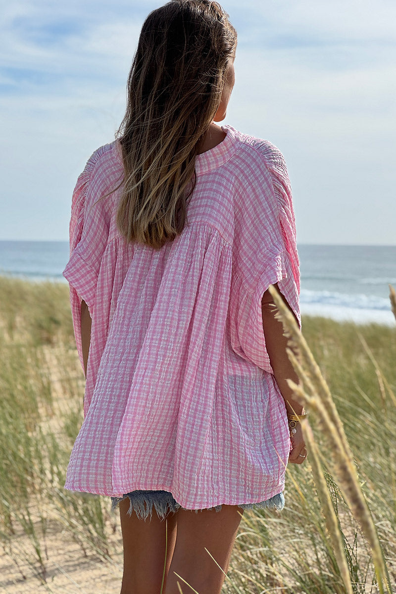 Blouse large en gaze de coton à rayures et carreaux vichy rose manches courtes