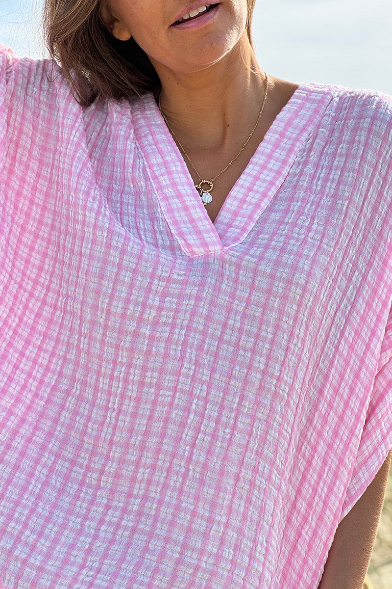Blouse large en gaze de coton à rayures et carreaux vichy rose manches courtes