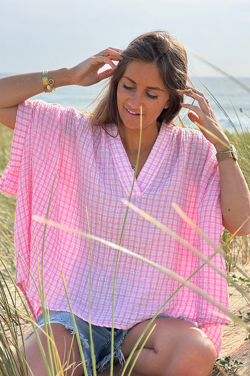 Blouse large en gaze de coton à rayures et carreaux vichy rose manches courtes