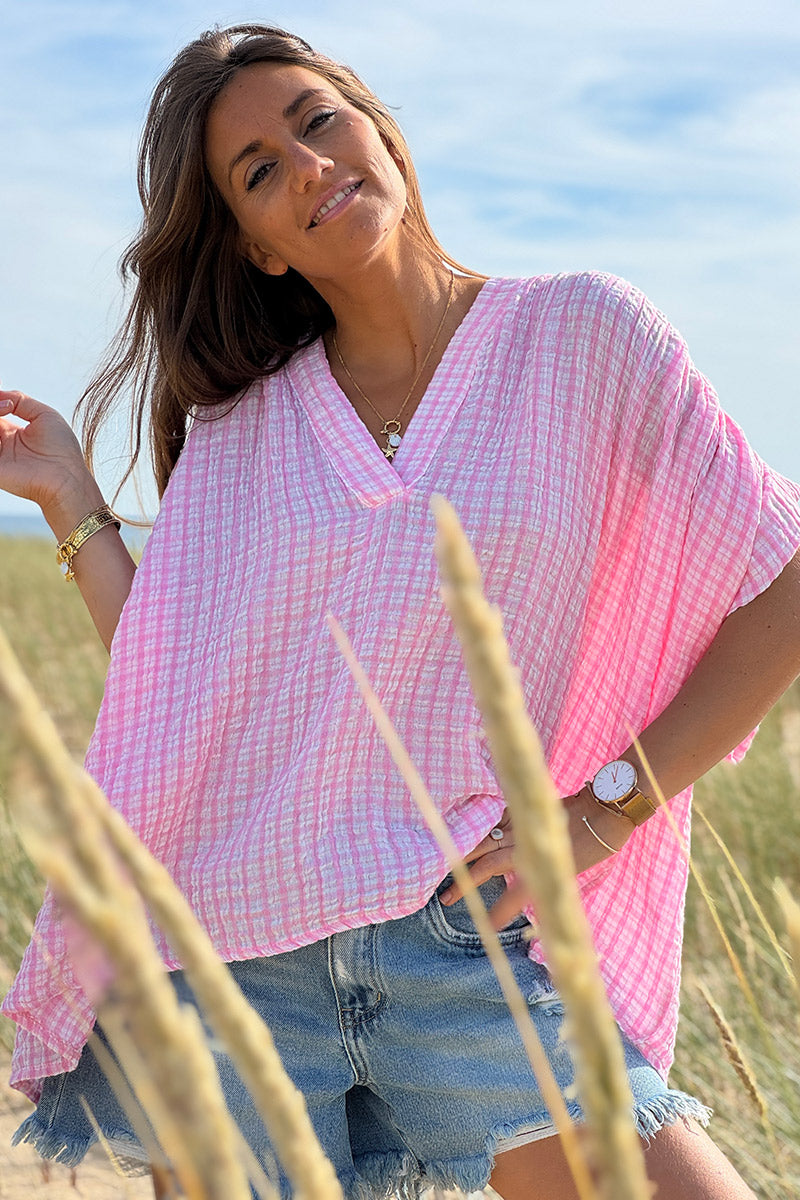 Blouse large en gaze de coton à rayures et carreaux vichy rose manches courtes