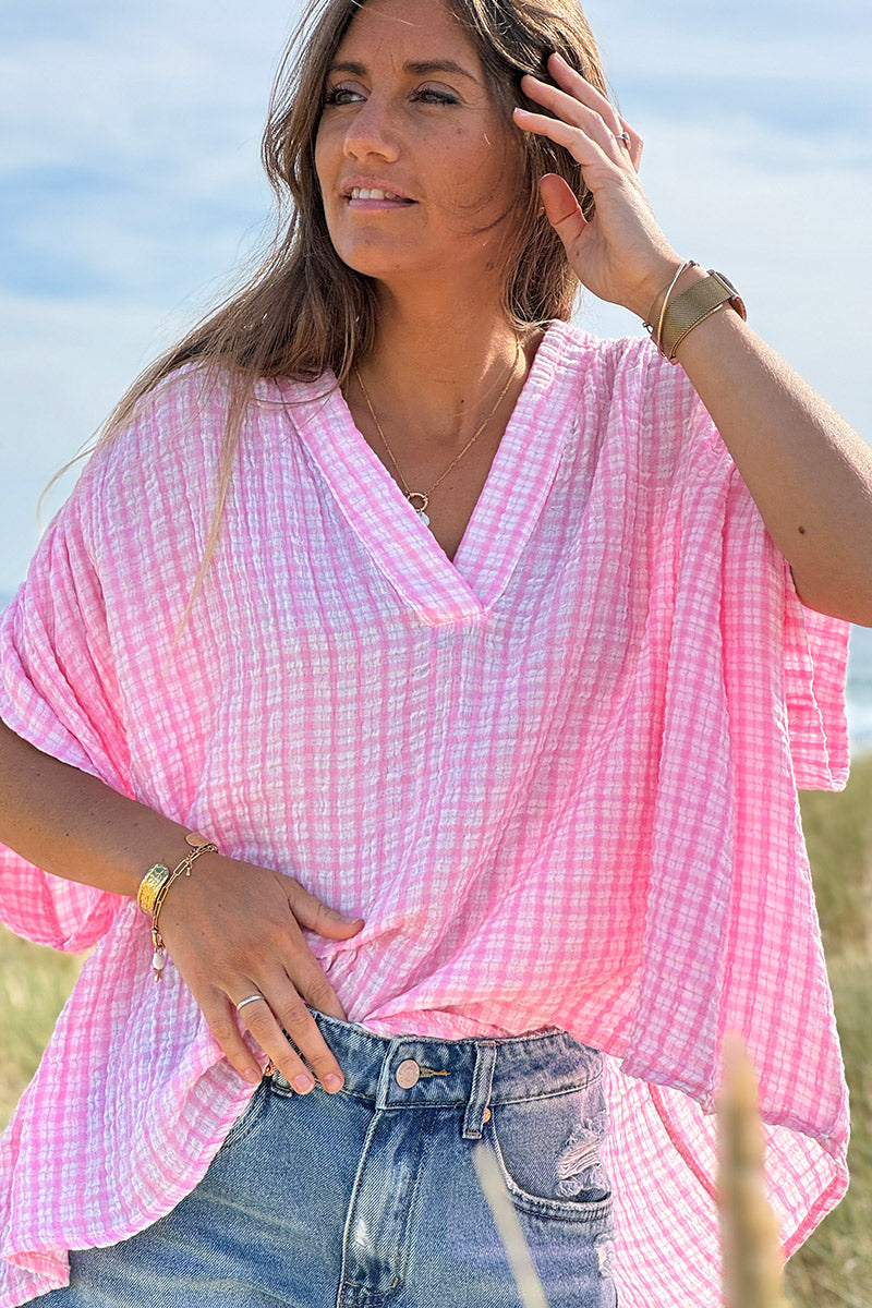 Blouse large en gaze de coton à rayures et carreaux vichy rose manches courtes