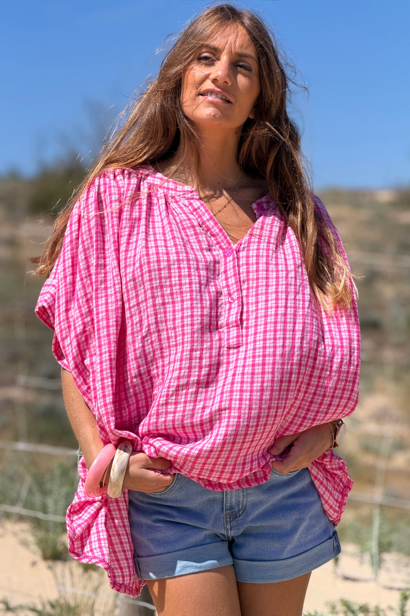 Pink Gingham Flowy Tunic