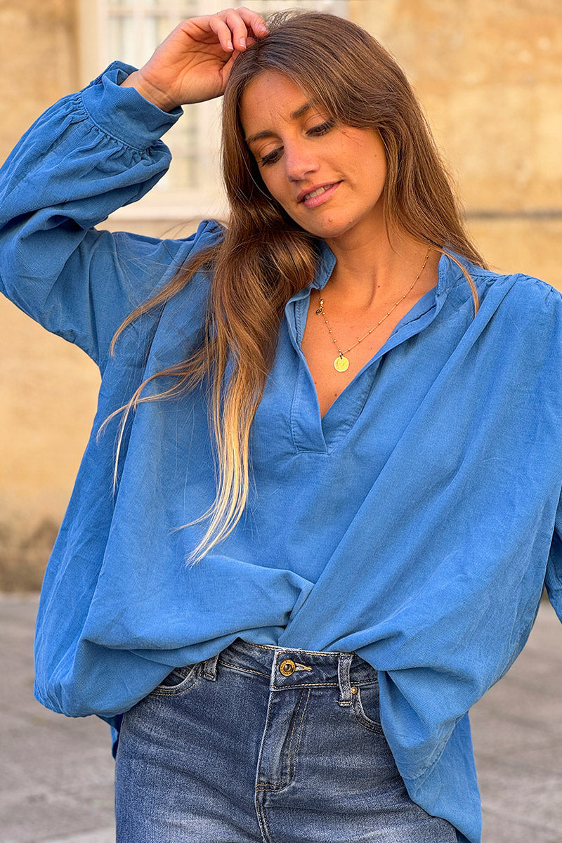 Blue Pinwale Corduroy Blouson Top