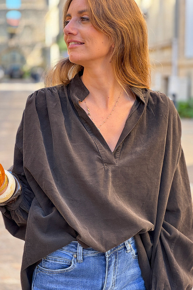 Chocolate Pinwale Corduroy Blouson Top