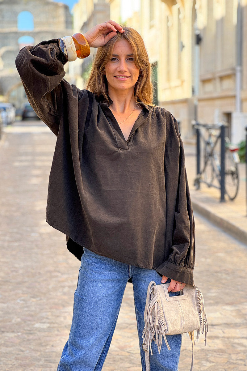 Chocolate Pinwale Corduroy Blouson Top