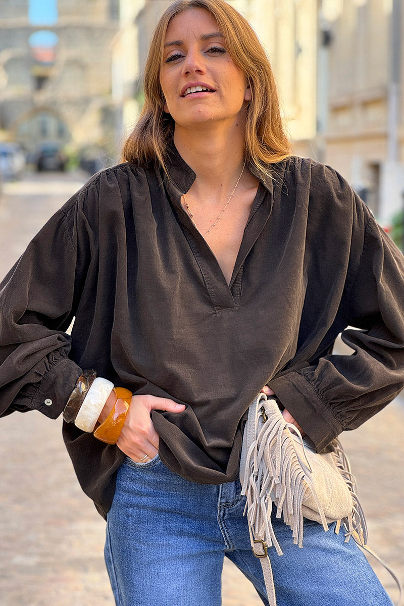 Chocolate Pinwale Corduroy Blouson Top