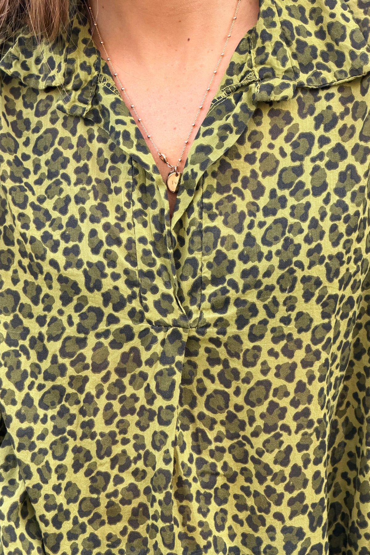 Moss Green Leopard Print Split Neck Blouse
